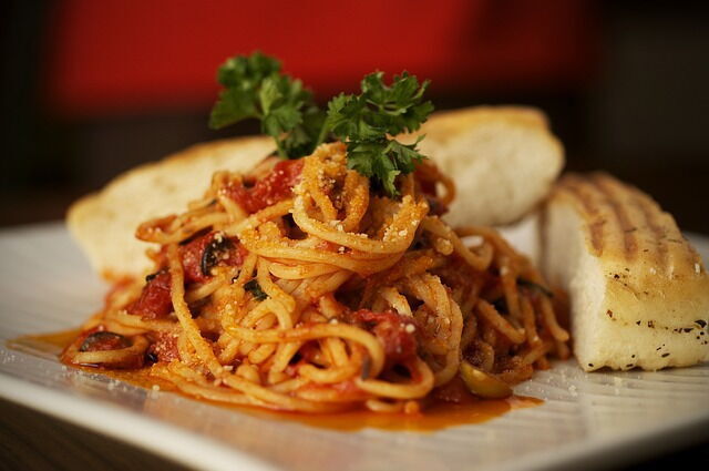 Plate of pasta and bread