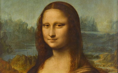 Detail of the Mona Lisa with the bridge in the backdrop