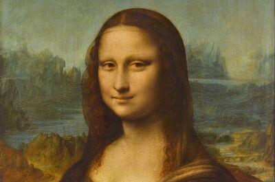 Detail of the Mona Lisa with the bridge in the backdrop