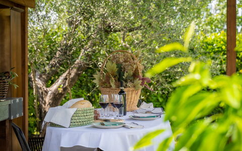 Villa Melinda: Tavolo, Pianta, Tavola, Mobilia, Sedia, Tovaglia, Mobili Da Esterno, Giallo, Bicchiere Di Vino, Albero