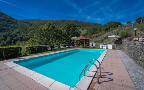 La Vecchia Fornace La Piastra Apartments - Abetone: Acqua, Cielo, Costruzione, Pianta, Nube, Piscina, Azzurro, Rettangolo, Albero, Casa