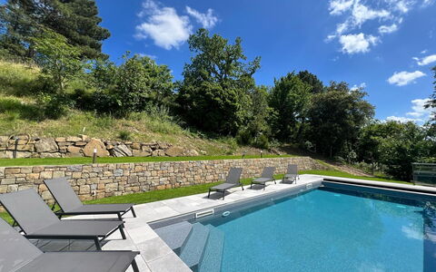 Villa Luana: Swimming Pool, Garden, Landscaping, Shade, Outdoor Furniture, Flagstone, Backyard, Water Feature, Sunlounger