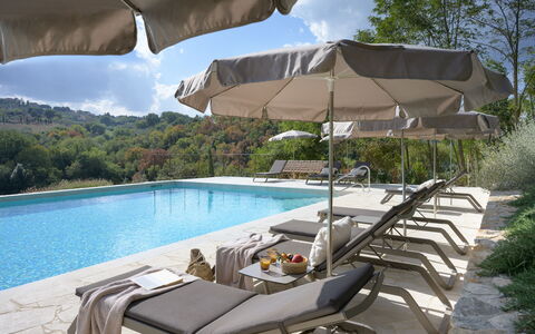 Pendolino Spereto Apartment With Pool, Montaione: Water, Plant, Cloud, Property, Sky, Swimming Pool, Azure, Shade, Outdoor Furniture, Umbrella