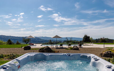Villa Velari In Volterra With Private Pool, Ac: Sky, Water, Cloud, Plant, Azure, Swimming Pool, Outdoor Furniture, Shade, Leisure, Landscape