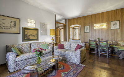 Casa Martina, Piazza Delle Erbe, San Gimignano: Furniture, Interior Design, Flooring, Couch, Floor, Room, Ceiling, Table, Living Room, Lighting