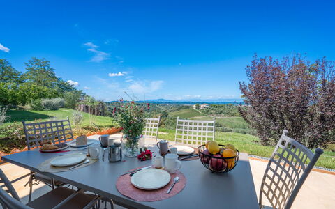 Melaiolo Modern Apartment With Pool, Montaione, To: Table, Sky, Plant, Furniture, Tableware, Cloud, Chair, Outdoor Table, Outdoor Furniture, Tree