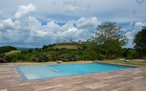 La Capanna, Borgo Campassini, Monteriggioni: Piscina, Giardino, Flagstone, Landscaping, Shade, Pavimento In Legno, Passerella, Backyard, Mobili Da Esterno, Piastrella