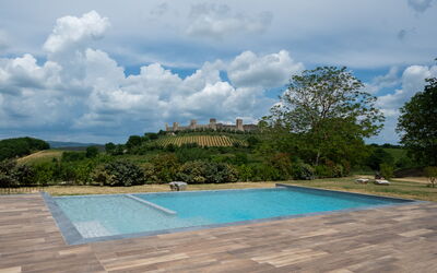 Le Volte, Borgo Campassini, Monteriggioni: Swimming Pool, Garden, Flagstone, Landscaping, Shade, Wood Flooring, Walkway, Backyard, Outdoor Furniture, Tile
