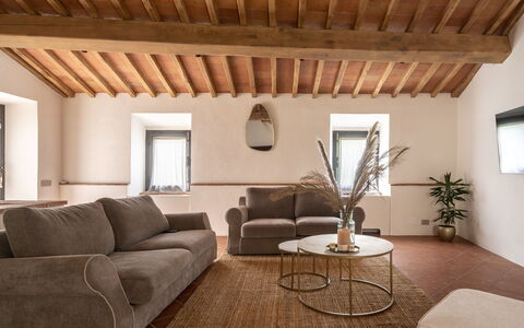 Montaione Country House Amarrante, Pool, Ac: Furniture, Interior Design, Wall, Flooring, Wood, Floor, Couch, Ceiling, Room, Living Room