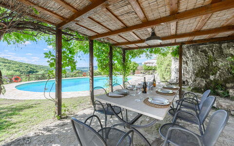 Villa Poggio La Croce: Mobilia, Mobili Da Esterno, Sedia, Piscina, Tavolo Esterno, Ricorrere, Flagstone, Eco Hotel, Shade, Cucina & Sala Da Pranzo Tavolo