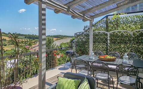 Casamia Tuscan Oasis: Architect-Designed 4Br Penth: Outdoor Furniture, Shade, Chair, Garden, Balcony, Eco Hotel, Outdoor Table, Yard, Patio, Outdoor Structure