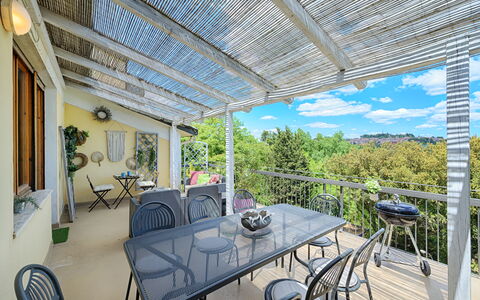 Casamia Tuscan Oasis: Architect-Designed 4Br Penth: Furniture, Chair, Outdoor Furniture, Porch, Table, Outdoor Table, Shade, Kitchen & Dining Room Table, Balcony, Deck