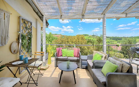 Casamia Tuscan Oasis: Architect-Designed 4Br Penth: Furniture, Chair, Outdoor Furniture, Table, Outdoor Table, Kitchen & Dining Room Table, Porch, Patio, Balcony, Shade