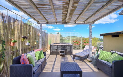 Casamia Sky-High Panoramic Retreat: Penthouse with: Furniture, Outdoor Furniture, Chair, Table, Outdoor Table, Shade, Eco Hotel, Garden, Backyard, Patio