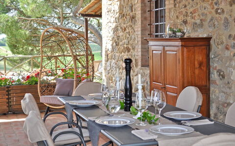 Capanna al Lago, Chianti Heritage with Vineyards V: Furniture, Table, Chair, Kitchen & Dining Room Table, Tableware, Interior Design, Dining Room, Outdoor Table, Outdoor Furniture, Flowerpot