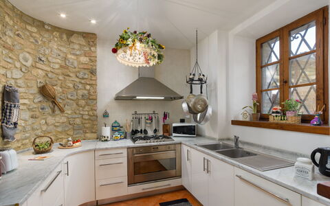 Capanna al Lago, Chianti Heritage with Vineyards V: Kitchen, Interior Design, Countertop, Furniture, Wall, Flooring, Light Fixture, Ceiling, Kitchen Appliance, Home