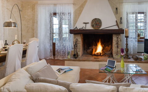 Capanna al Lago, Chianti Heritage with Vineyards V: Furniture, Interior Design, Flooring, Wood, Floor, Room, Living Room, Lighting, Ceiling, Hearth
