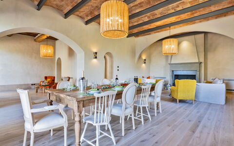 Villa del Mangia - Luxury Villa with Infinity Pool: Furniture, Interior Design, Flooring, Wall, Table, Floor, Wood, Ceiling, Chair, Dining Room