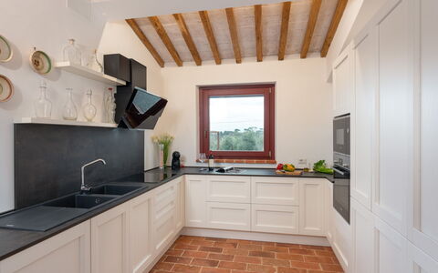 Villa Marielena Chianti Farmhouse with Hot Tub: Kitchen, Countertop, Interior Design, Flooring, Kitchen Appliance, Cabinetry, Wood, Furniture, Floor, Home