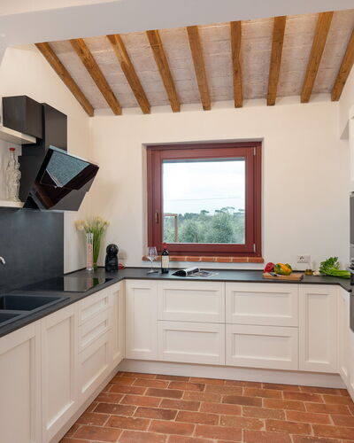 Villa Marielena Chianti Farmhouse with Hot Tub: Kitchen, Countertop, Interior Design, Flooring, Kitchen Appliance, Cabinetry, Wood, Furniture, Floor, Home