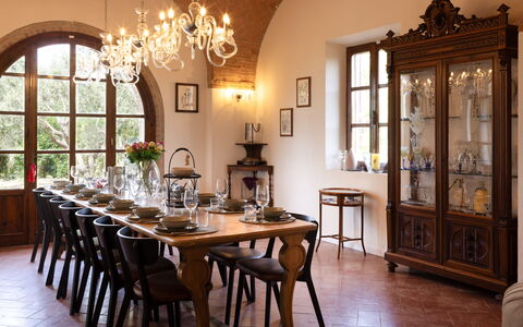 Villa Leone Reale: Furniture, Interior Design, Dining Room, Table, Chair, Wood, Kitchen & Dining Room Table, Flooring, Light Fixture, Lighting
