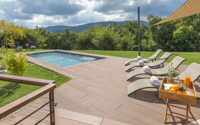 Villa Airone Tegoni, Pool, Radicondoli: Outdoor Furniture, Swimming Pool, Composite Material, Deck, Wood Flooring, Hardwood, Flagstone, Shade, Garden, Sunlounger