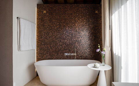 Villa Il Gabbro: Parete, Idraulico Fixture, Interior Design, Pavimentazione, Bagno, Vasca Da Bagno, Marrone, Pavimento, Illuminazione, Idraulico