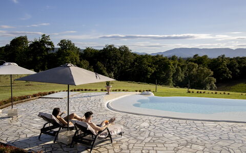 Le Tre Virtù Luxury Relais, Private Pool, Mugello: Mobili Da Esterno, Tempo Libero, Piscina, Ricreazione, Shade, Ombrello, Vacanza, Lettino, Parco
