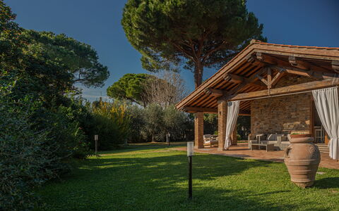 Villa Bolgheri Vermentino Castagneto Carducci: Legna, Tetto, Giardino, Shade, Villetta, Edifici Giardino, Landscaping, Backyard, Struttura Esterna, Estate