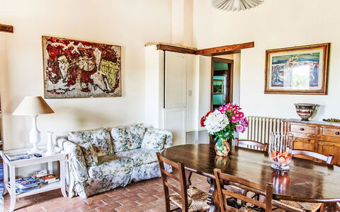 Agriturismo Belvedere delle Crete: Furniture, Interior Design, Flooring, Table, Wood, Chair, Floor, Room, Dining Room, Lighting
