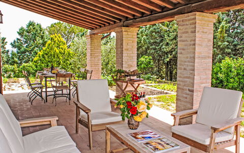 Agriturismo Belvedere delle Crete: Furniture, Wood, Chair, Outdoor Furniture, Table, Porch, Outdoor Table, Shade, Flowerpot, Outdoor Structure