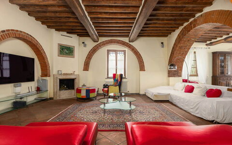 Podere Il Pozzangone, Lucignano: Furniture, Interior Design, Wall, Flooring, Ceiling, Floor, Wood, Couch, Room, Living Room