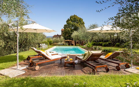Villa Il Colle di Moriano 8: Furniture, Outdoor Furniture, Resort, Garden, Sunlounger, Chair, Eco Hotel, Estate, Landscaping, Swimming Pool