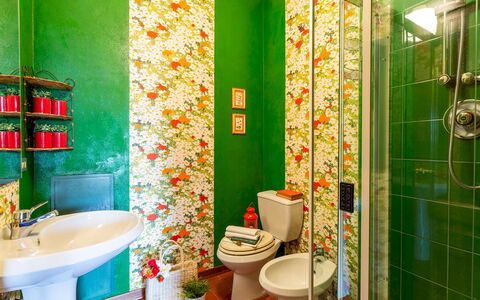 Villa Il Colle di Moriano 8: Green, Yellow, Interior Design, Plumbing Fixture, Bathroom, Orange, Plumbing, Tile, Toilet, Mosaic