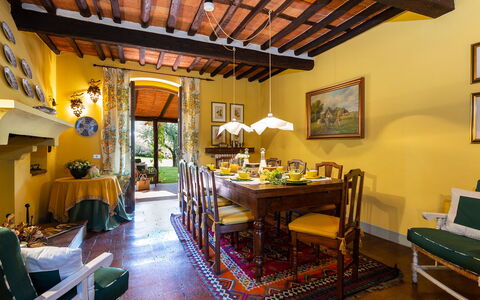 Villa Il Colle di Moriano 8: Furniture, Interior Design, Wall, Table, Chair, Ceiling, Dining Room, Room, Flooring, Lighting