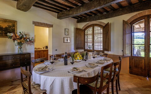 Casale dei 12: Furniture, Wood, Interior Design, Table, Kitchen & Dining Room Table, Chair, Dining Room, Flooring, Room, Ceiling