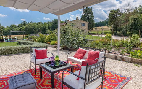 Villa le Fontane 12: Furniture, Outdoor Furniture, Table, Chair, Outdoor Table, Garden, Kitchen & Dining Room Table, Outdoor Structure, Patio, Shade