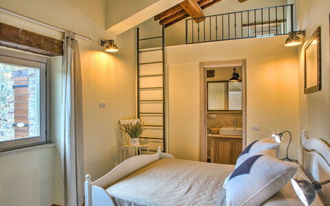 Casale dei Gelsomini 8: Furniture, Bed, Bedroom, Wall, Interior Design, Flooring, Ceiling, Wood, Floor, Bedding
