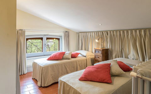 Villa Il Cedro 10+1: Furniture, Bed, Interior Design, Bedroom, Wood, Room, Bedding, Ceiling, Bed Sheet, Linens