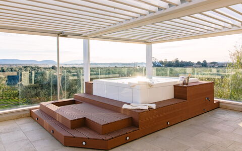 La Perla tra Gli Ulivi 12: Flooring, Floor, Interior Design, Composite Material, Shade, Outdoor Furniture, Resort, Swimming Pool, Wood Stain