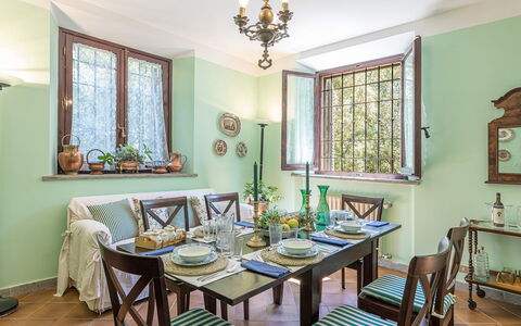 Villa Rinaldi 6: Furniture, Interior Design, Table, Wood, Dining Room, Ceiling, Flooring, Kitchen & Dining Room Table, Room, Chair