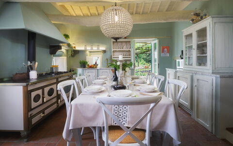 Villa Marraccini 8: Furniture, Interior Design, Table, Kitchen, Chair, Ceiling, Lighting, Kitchen & Dining Room Table, Tableware, Home