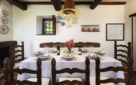 Podere Caprarecce 8: Furniture, Interior Design, Table, Wood, Kitchen & Dining Room Table, Dining Room, Chair, Flooring, Tableware, Room