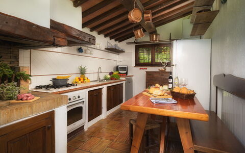 Podere Caprarecce 8: Kitchen, Wood, Interior Design, Furniture, Countertop, Flooring, Kitchen Appliance, Home, Ceiling, Floor