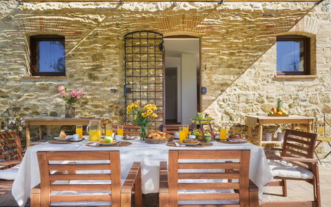 Casale Tavernelle 6: Furniture, Chair, Wall, Table, Kitchen & Dining Room Table, Interior Design, Dining Room, Flooring, Outdoor Table, Flowerpot
