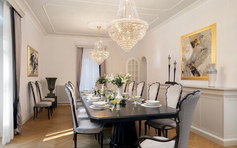 Villa Irma 10: Furniture, Interior Design, Dining Room, Chair, Table, Light Fixture, Chandelier, Flooring, Wood, Ceiling