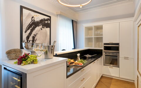 Villa Irma 10: Kitchen, Countertop, Cabinetry, Kitchen Appliance, Interior Design, Furniture, Flooring, Major Appliance, Wood, Ceiling