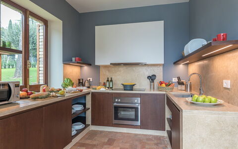 Villa Anna Elisa 8: Kitchen, Kitchen Appliance, Countertop, Furniture, Interior Design, Cabinetry, Major Appliance, Wood, Flooring, Home Appliance