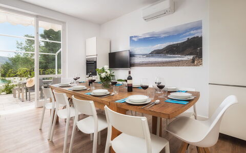 Villa Laconella 8+4: Furniture, Interior Design, Table, Chair, Flooring, Kitchen & Dining Room Table, Room, Floor, Dining Room, Apartment