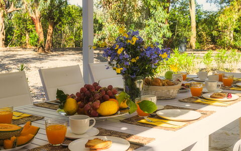 Villa Laconella 8+4: Furniture, Tableware, Table, Chair, Serveware, Outdoor Furniture, Dishware, Tablecloth, Food, Drinkware